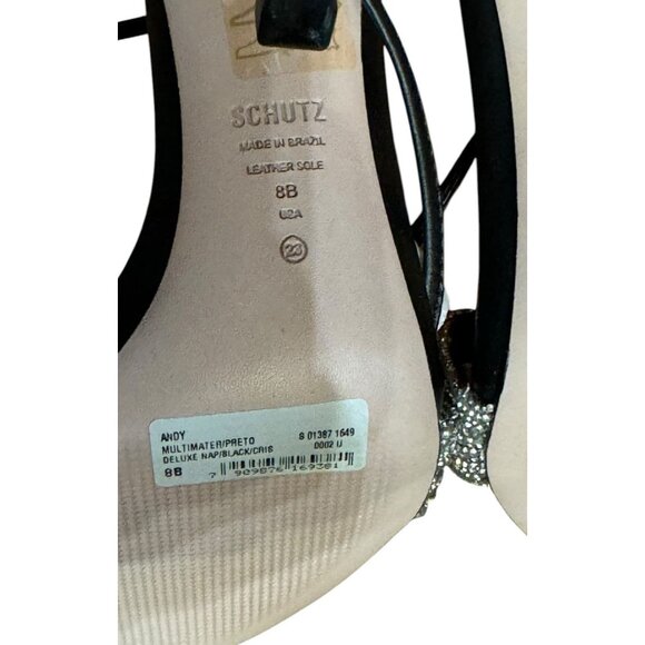 Schutz High Heels Sz 8 Shoes Andy Leather Strappy Sandals Black Silver Glam - Picture 6 of 6